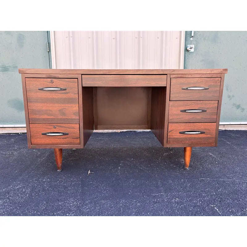 1970s Mid-Century Modern Walnut Kneehole Tanker Desk