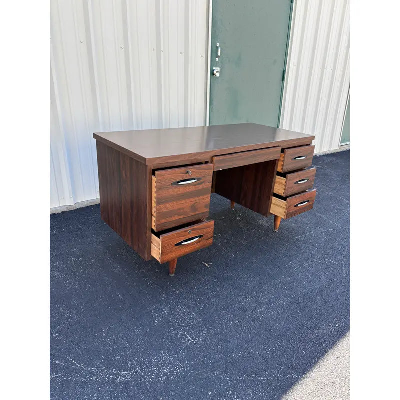 1970s Mid-Century Modern Walnut Kneehole Tanker Desk