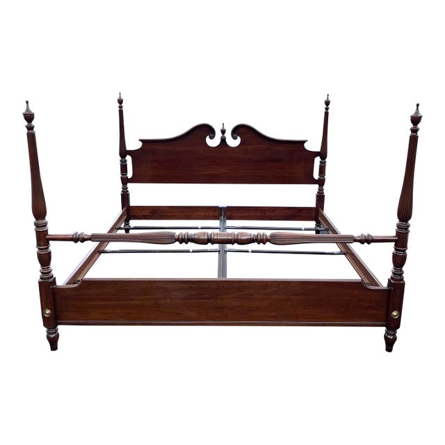 1980s Ethan Allen Georgian Court Cherry King Poster Bed Frame
