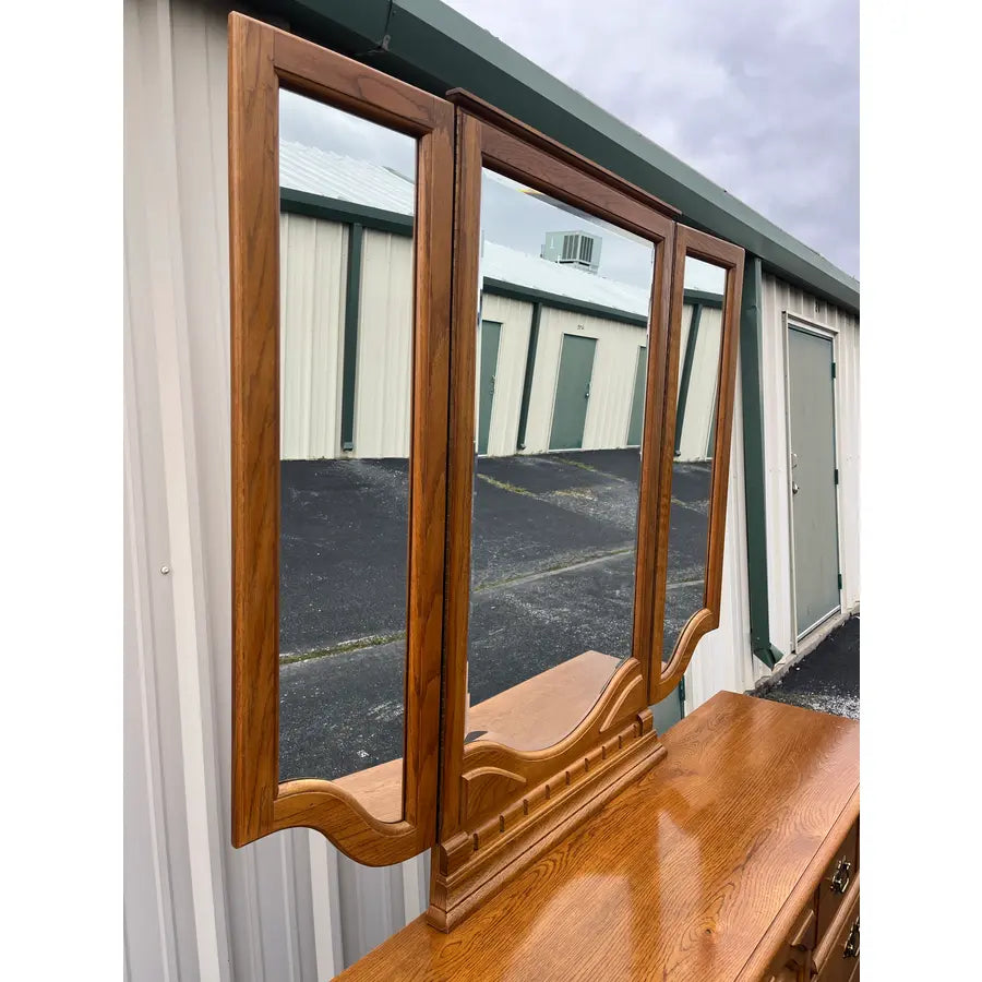 1980s Thomasville Oak 9 Drawer Long Dresser and Tri-Fold Mirror
