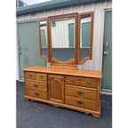 1980s Thomasville Oak 9 Drawer Long Dresser and Tri-Fold Mirror