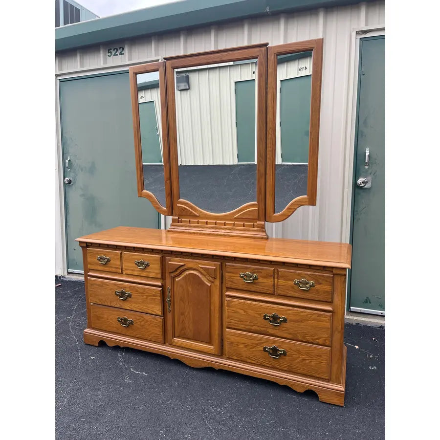 1980s Thomasville Oak 9 Drawer Long Dresser and Tri-Fold Mirror