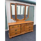 1980s Thomasville Oak 9 Drawer Long Dresser and Tri-Fold Mirror