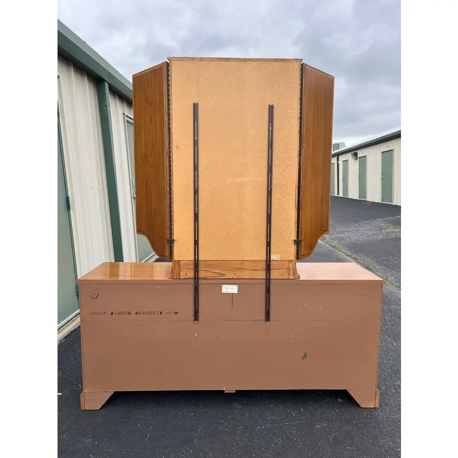 1980s Thomasville Oak 9 Drawer Long Dresser and Tri-Fold Mirror