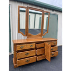 1980s Thomasville Oak 9 Drawer Long Dresser and Tri-Fold Mirror