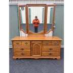 1980s Thomasville Oak 9 Drawer Long Dresser and Tri-Fold Mirror