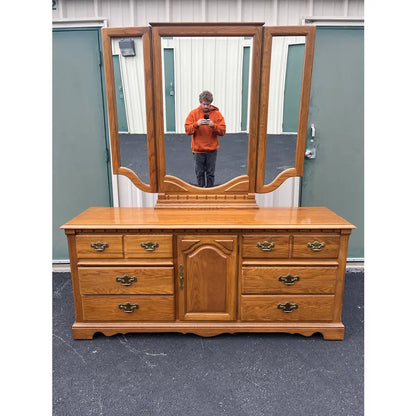 1980s Thomasville Oak 9 Drawer Long Dresser and Tri-Fold Mirror