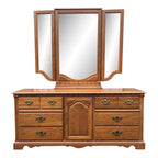 1980s Thomasville Oak 9 Drawer Long Dresser and Tri-Fold Mirror
