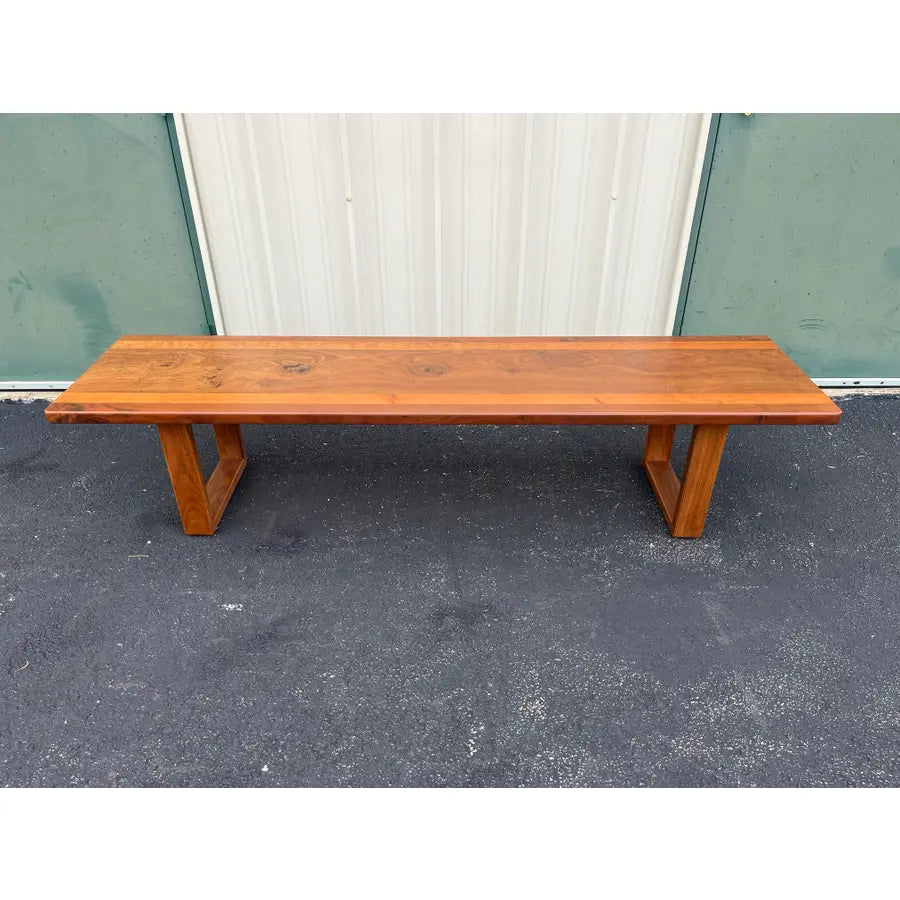 1980s Vintage Walnut and Cherry Bench- 7 Foot Long