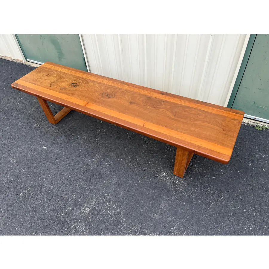 1980s Vintage Walnut and Cherry Bench- 7 Foot Long