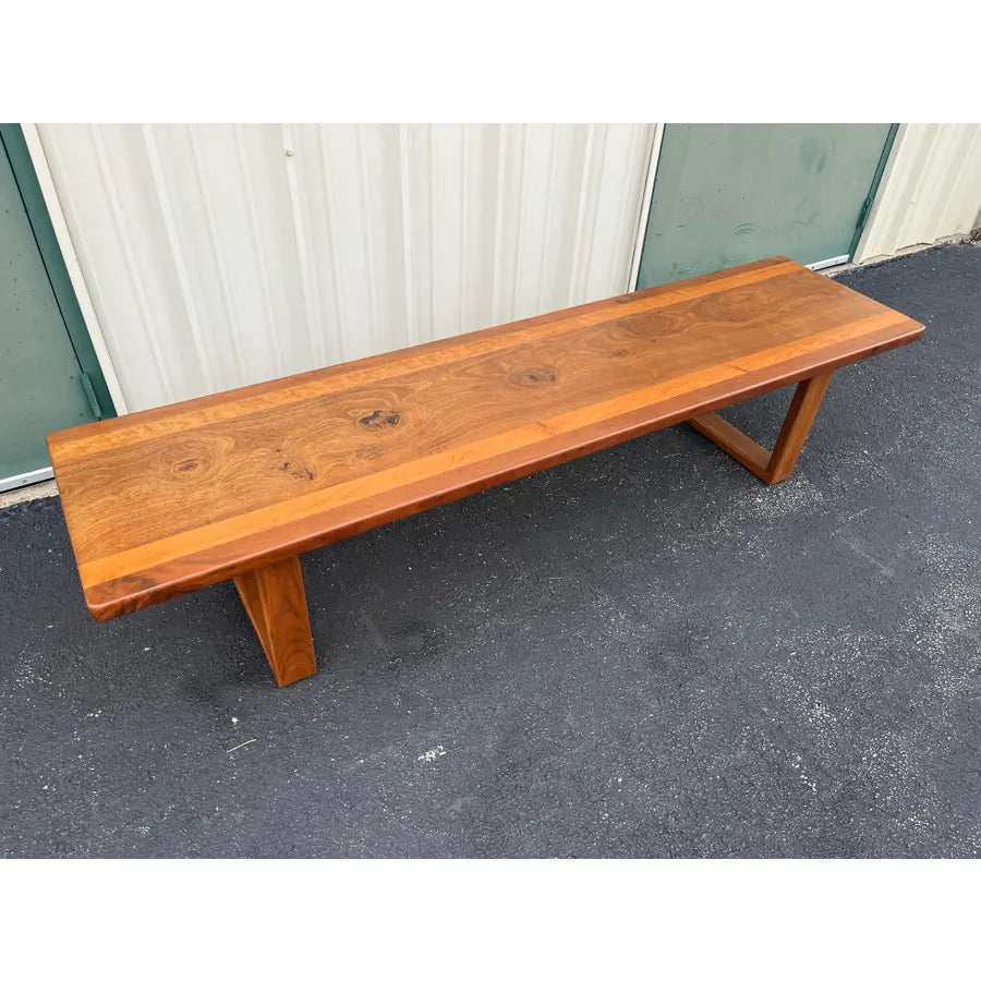 1980s Vintage Walnut and Cherry Bench- 7 Foot Long