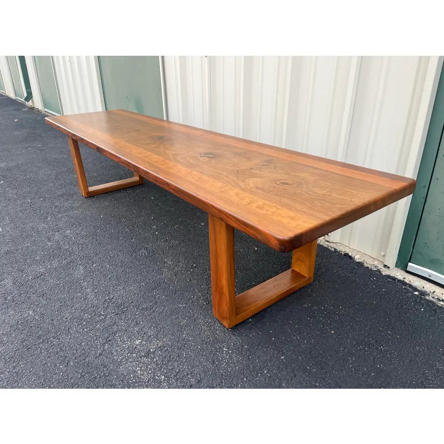 1980s Vintage Walnut and Cherry Bench- 7 Foot Long