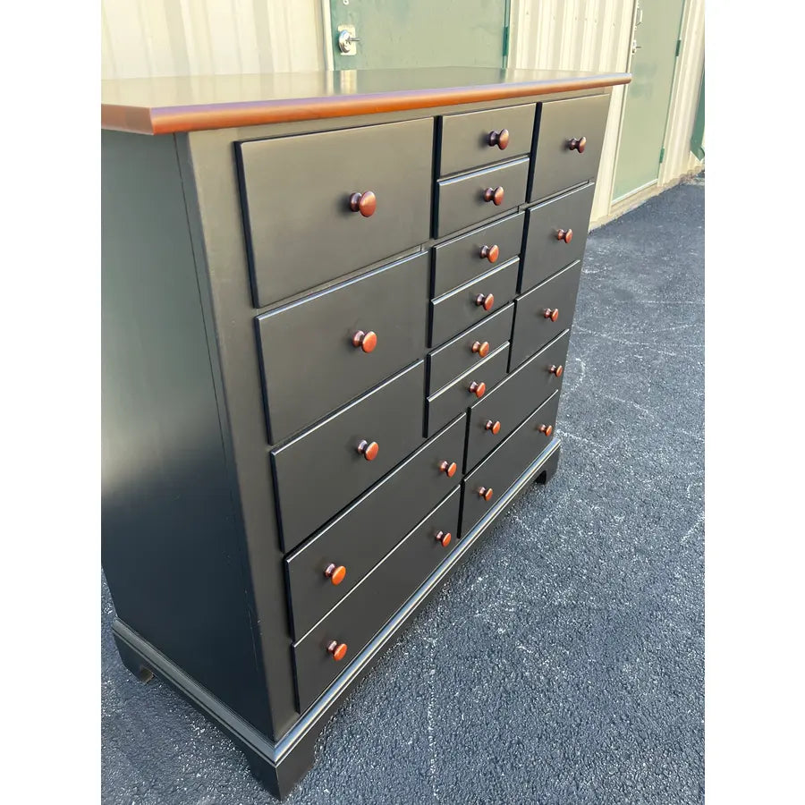 1990's Stanley Furniture 13-Drawer Black and Cherry Tall Chest of Drawers With Dressing Mirror