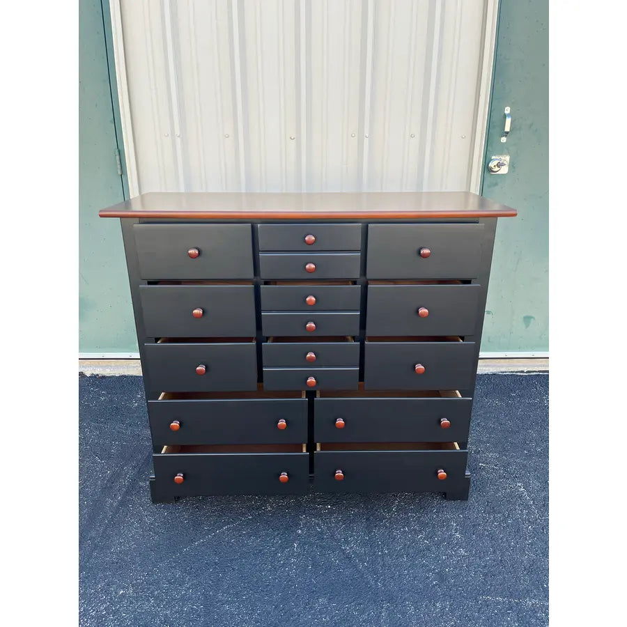 1990's Stanley Furniture 13-Drawer Black and Cherry Tall Chest of Drawers With Dressing Mirror