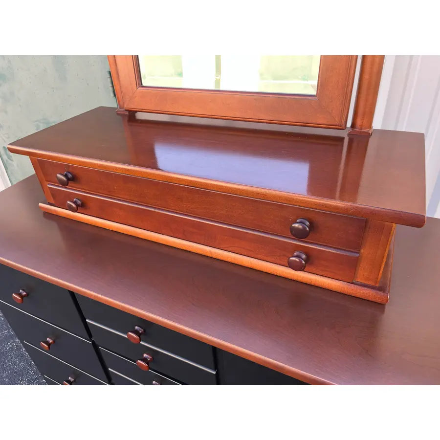 1990's Stanley Furniture 13-Drawer Black and Cherry Tall Chest of Drawers With Dressing Mirror
