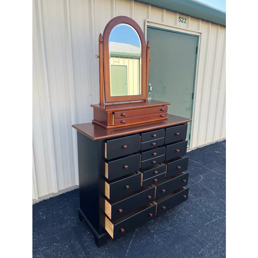 1990's Stanley Furniture 13-Drawer Black and Cherry Tall Chest of Drawers With Dressing Mirror
