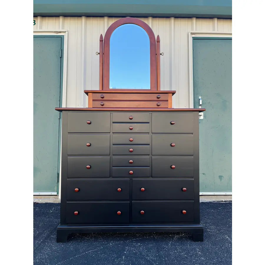 1990's Stanley Furniture 13-Drawer Black and Cherry Tall Chest of Drawers With Dressing Mirror