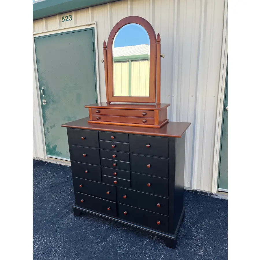 1990's Stanley Furniture 13-Drawer Black and Cherry Tall Chest of Drawers With Dressing Mirror