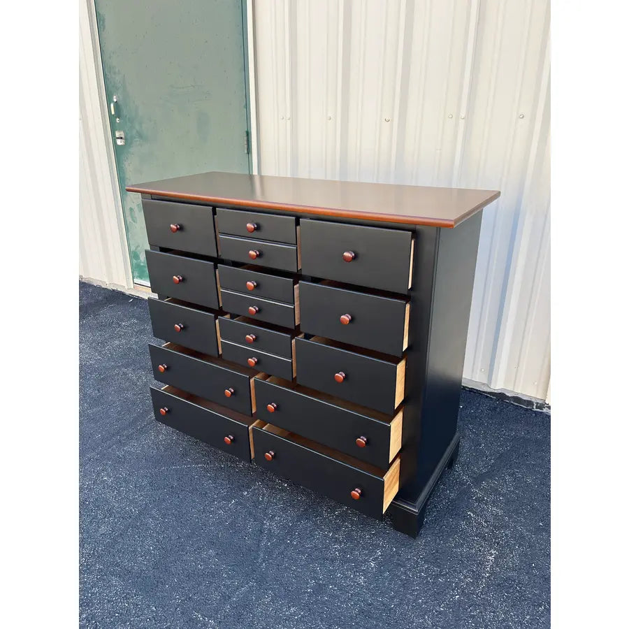 1990's Stanley Furniture 13-Drawer Black and Cherry Tall Chest of Drawers With Dressing Mirror