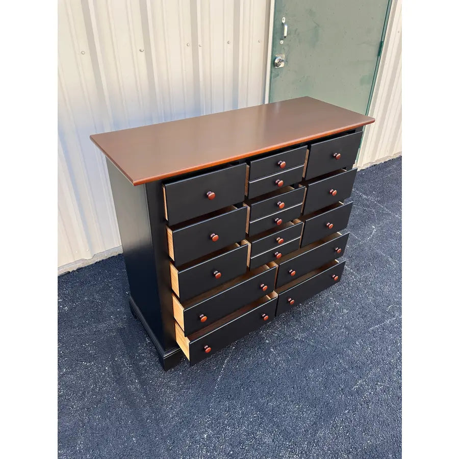 1990's Stanley Furniture 13-Drawer Black and Cherry Tall Chest of Drawers With Dressing Mirror