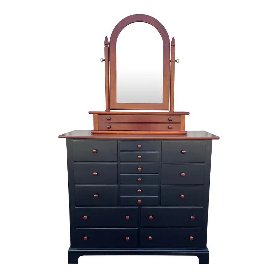 1990's Stanley Furniture 13-Drawer Black and Cherry Tall Chest of Drawers With Dressing Mirror