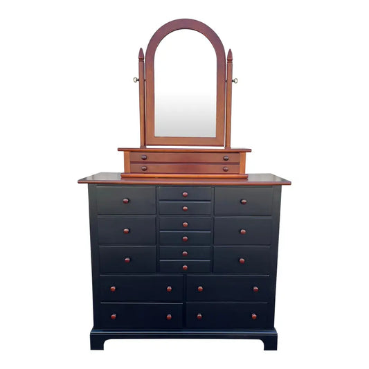1990's Stanley Furniture 13-Drawer Black and Cherry Tall Chest of Drawers With Dressing Mirror