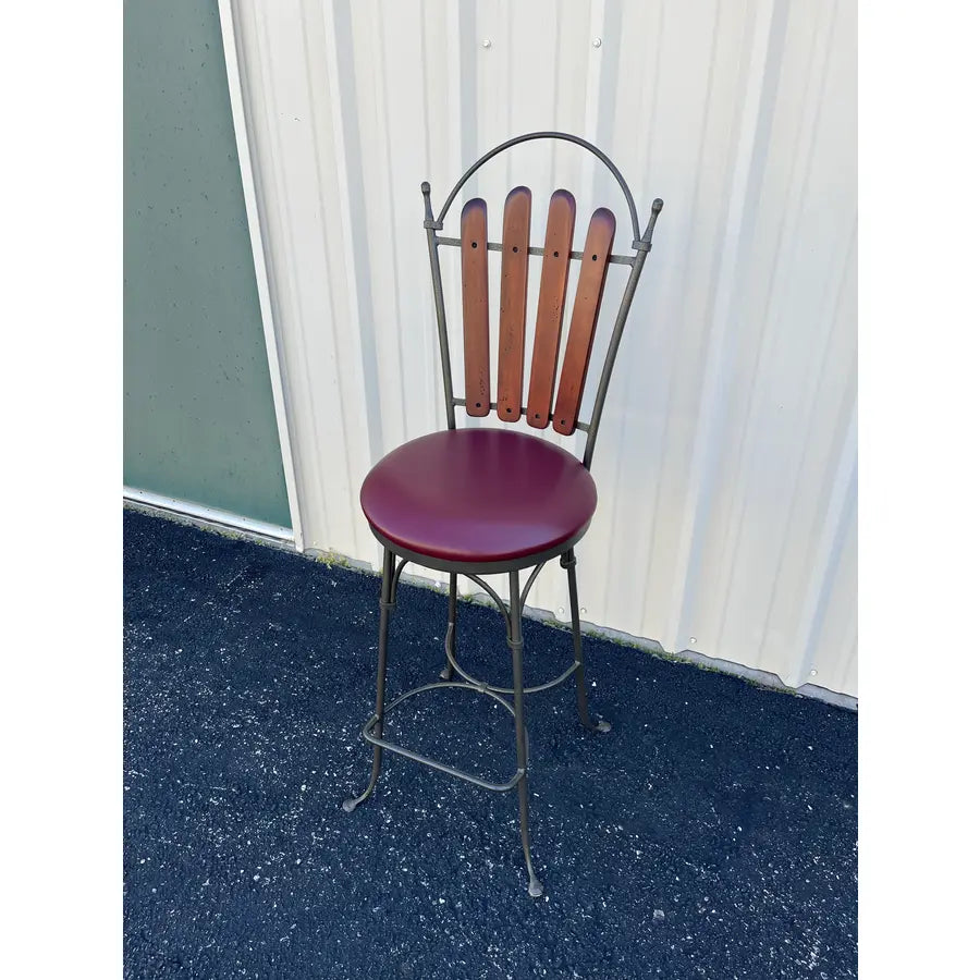 1990's Walter E Smith Wrought Iron and Leather Swivel Bar Stools- Set of 3