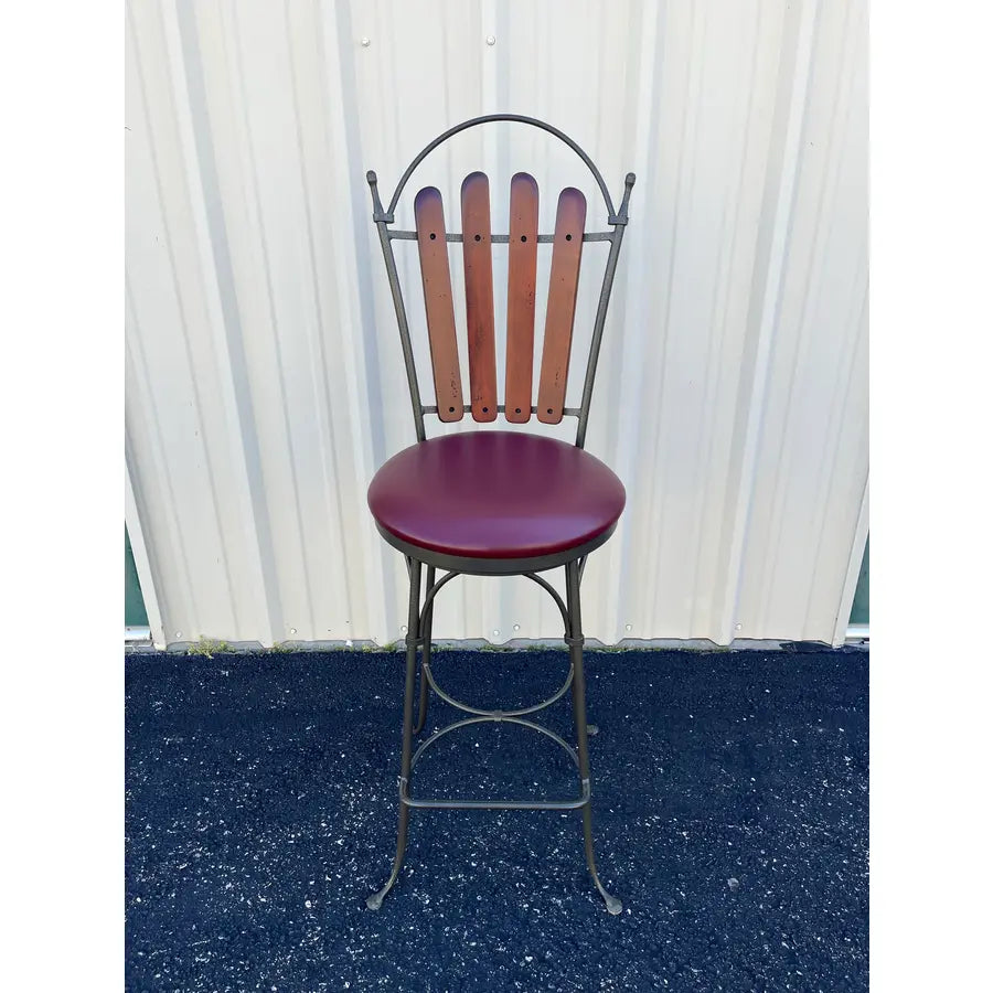 1990's Walter E Smith Wrought Iron and Leather Swivel Bar Stools- Set of 3