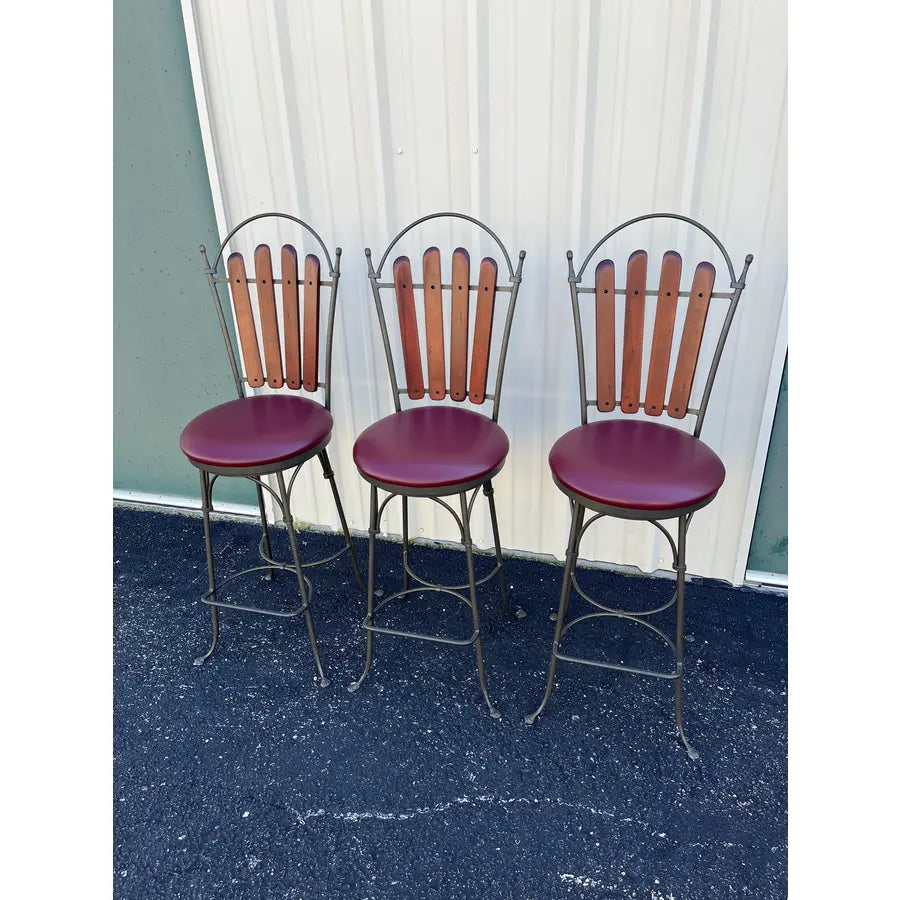 1990's Walter E Smith Wrought Iron and Leather Swivel Bar Stools- Set of 3