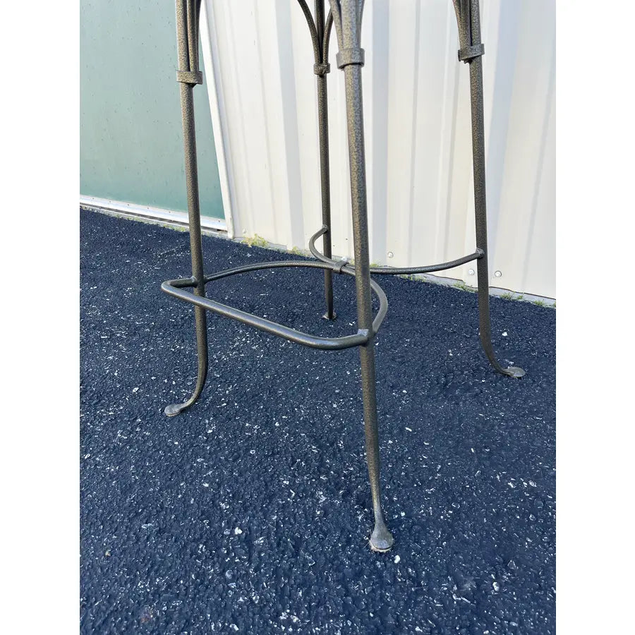 1990's Walter E Smith Wrought Iron and Leather Swivel Bar Stools- Set of 3