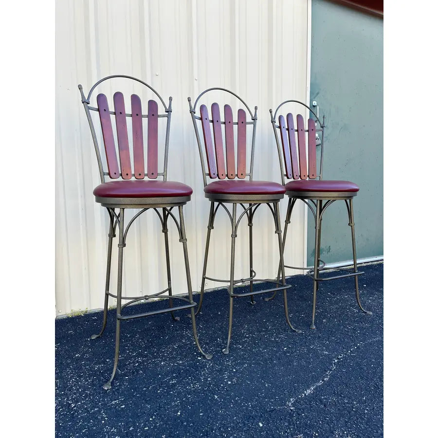 1990's Walter E Smith Wrought Iron and Leather Swivel Bar Stools- Set of 3
