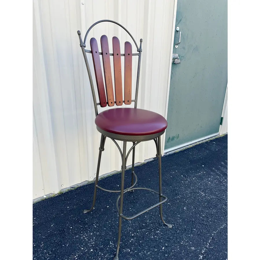 1990's Walter E Smith Wrought Iron and Leather Swivel Bar Stools- Set of 3