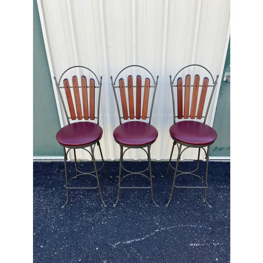 1990's Walter E Smith Wrought Iron and Leather Swivel Bar Stools- Set of 3