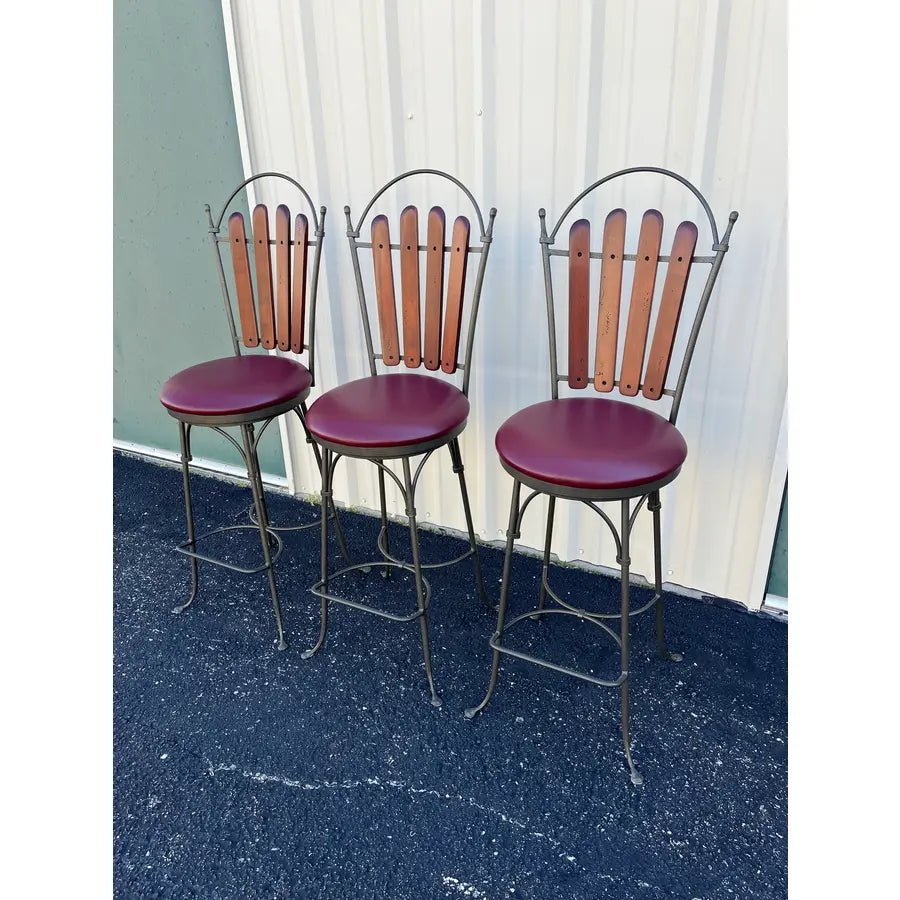 1990's Walter E Smith Wrought Iron and Leather Swivel Bar Stools- Set of 3