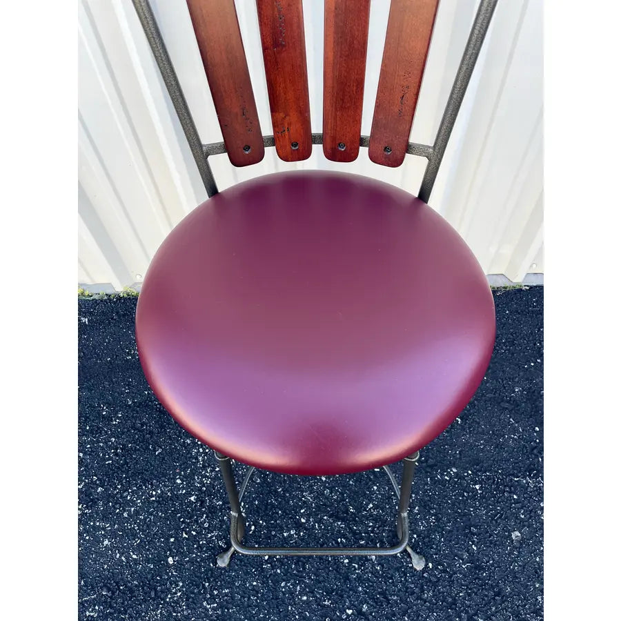 1990's Walter E Smith Wrought Iron and Leather Swivel Bar Stools- Set of 3