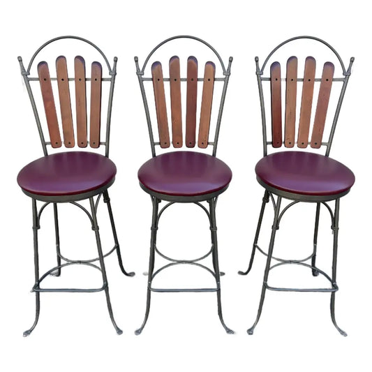 1990's Walter E Smith Wrought Iron and Leather Swivel Bar Stools- Set of 3
