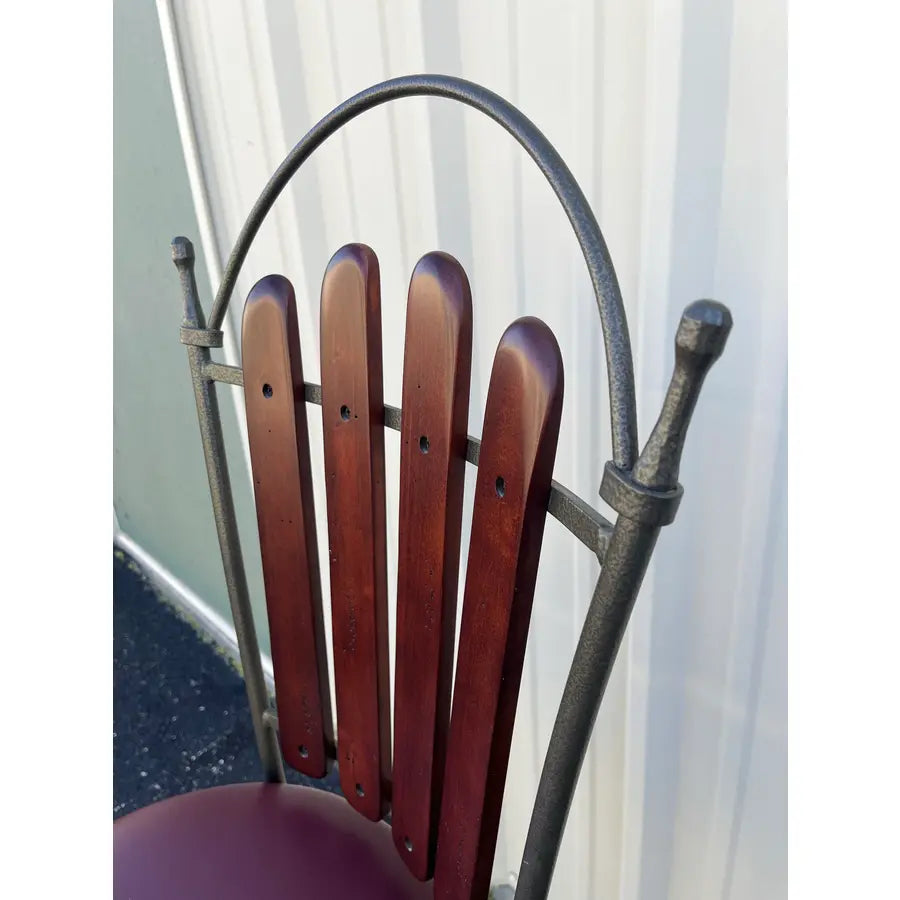 1990's Walter E Smith Wrought Iron and Leather Swivel Bar Stools- Set of 3
