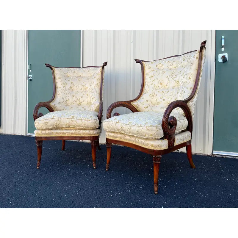 19th Century Mahogany Upholstered Rams Horn Arm Chairs- A Pair