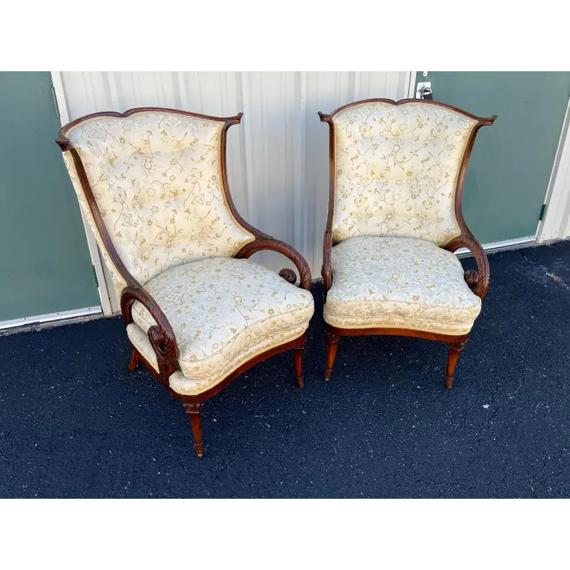 19th Century Mahogany Upholstered Rams Horn Arm Chairs- A Pair