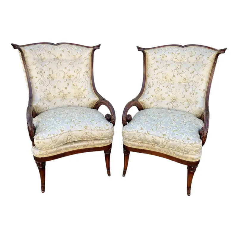 19th Century Mahogany Upholstered Rams Horn Arm Chairs- A Pair