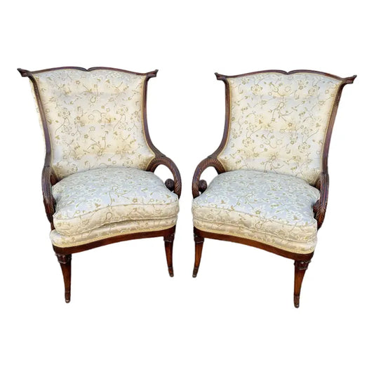 19th Century Mahogany Upholstered Rams Horn Arm Chairs- A Pair