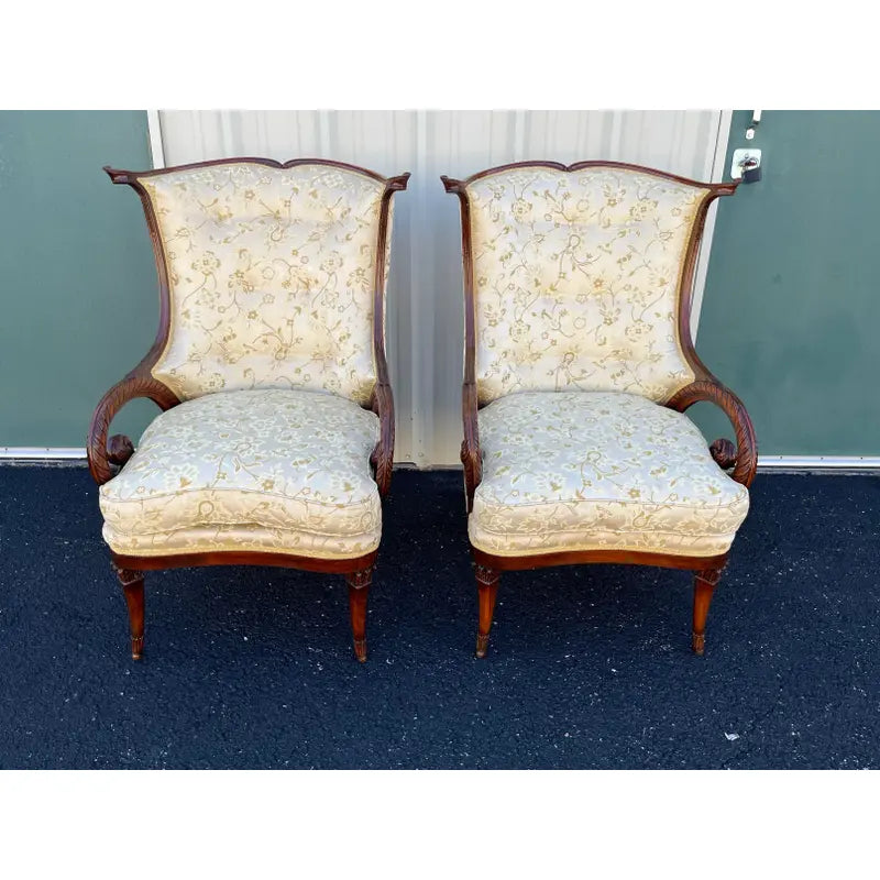 19th Century Mahogany Upholstered Rams Horn Arm Chairs- A Pair