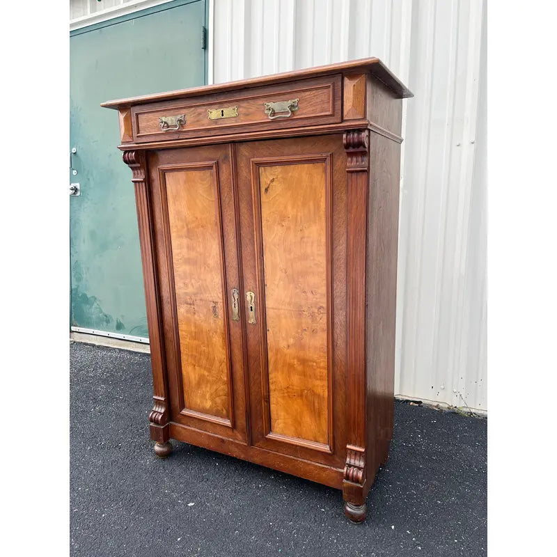 19th Century Walnut Burlwood Wardrobe Dresser