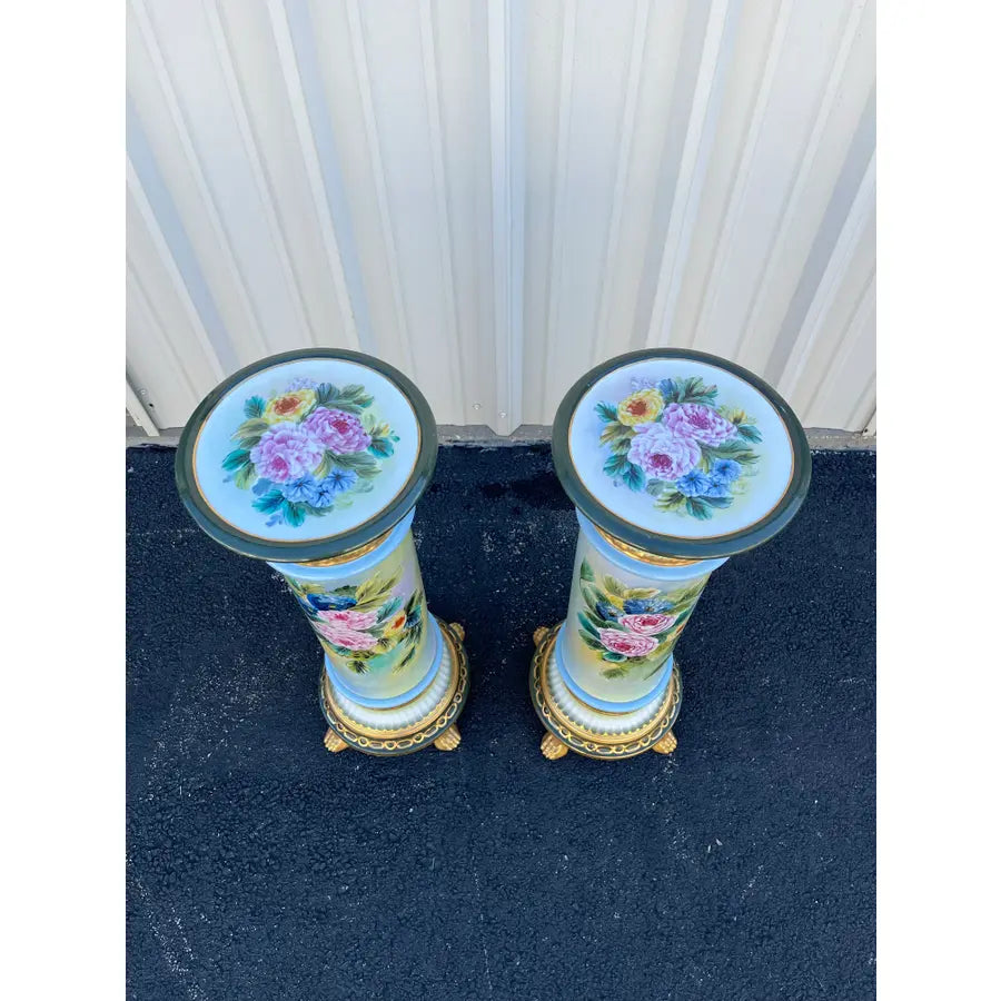 32" Porcelain Capodimonte Flower Painted Pedestals - A Pair