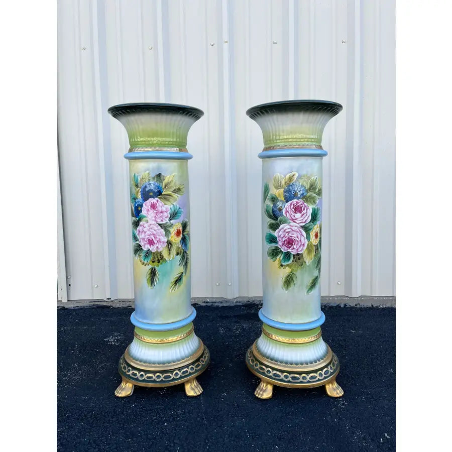 32" Porcelain Capodimonte Flower Painted Pedestals - A Pair