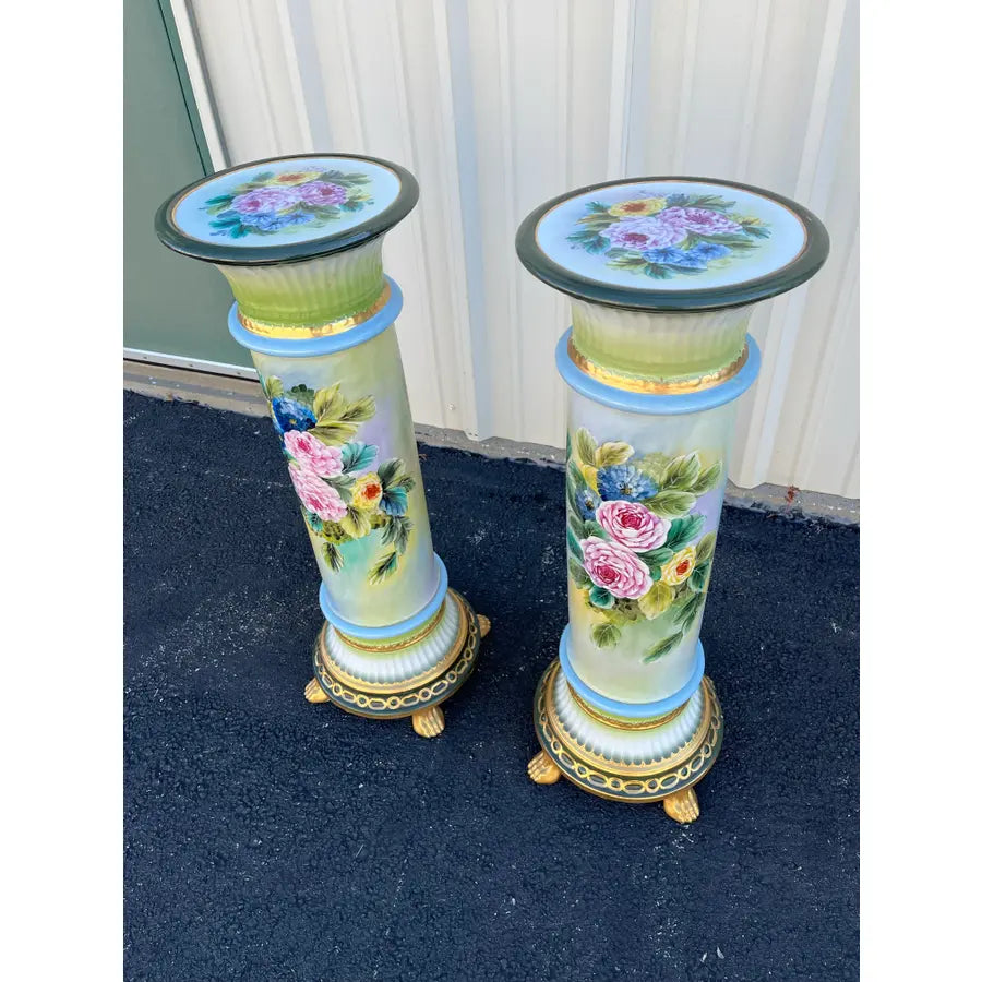 32" Porcelain Capodimonte Flower Painted Pedestals - A Pair