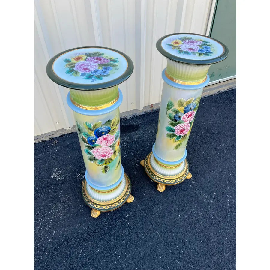 32" Porcelain Capodimonte Flower Painted Pedestals - A Pair