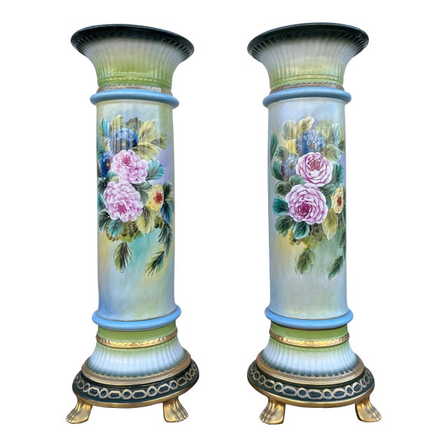 32" Porcelain Capodimonte Flower Painted Pedestals - A Pair