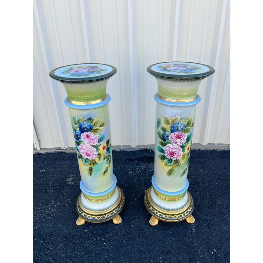 32" Porcelain Capodimonte Flower Painted Pedestals - A Pair