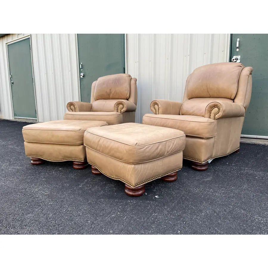 A Pair of Bradington Young Leather Recliners and Ottomans- 1990's